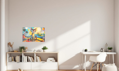 Metal bulletin board with a colorful cat design on a wall above a white shelf with books and decor, in a bright room.