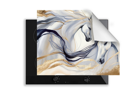 Induction Hob Cover Mat 60x52cm – 3mm Thick PVC Cooker Top Protector – Decorative Water?Resistant Hob Cover with Stylish Modern Designs for Induction & Electric Hobs: Marble Horses