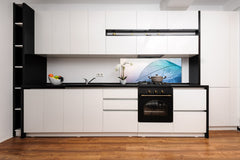 Design glass backsplash - Tempered Glass BBS29 splashback w/wo magnetic properties : Nature Series : Transparent blue leaf