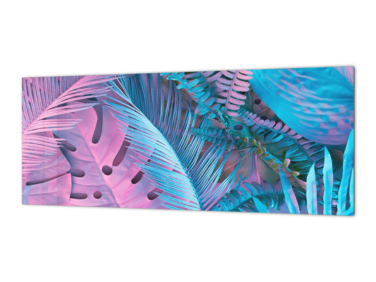 Design glass backsplash - Tempered Glass BBS29 splashback w/wo magnetic properties : Nature Series : Neon tropical leaves