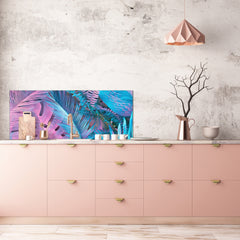 Design glass backsplash - Tempered Glass BBS29 splashback w/wo magnetic properties : Nature Series : Neon tropical leaves