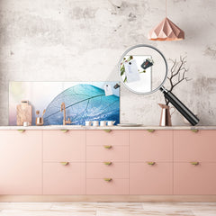 Design glass backsplash - Tempered Glass BBS29 splashback w/wo magnetic properties : Nature Series : Transparent blue leaf