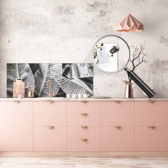 Design glass backsplash - Tempered Glass BBS29 splashback w/wo magnetic properties : Nature Series : Black and white banana leaves