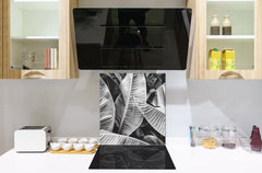 Stylish Tempered glass backsplash – Glass kitchen splashback – Glass upstand NBS14: Nature Series : Black and white banana leaves