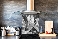 Stylish Tempered glass backsplash – Glass kitchen splashback – Glass upstand NBS14: Nature Series : Black and white banana leaves