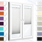 Close-up of custom pleated fabric window shades installed with drilling