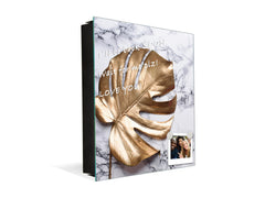 Decorative Key Organizer with Magnetic Surface Dry-Erase Board KN11 Tropical Leaves Series: Golden leaf on marble