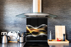 Tempered glass kitchen wall panel BS15A Abstract textures A: Gold Wave Black