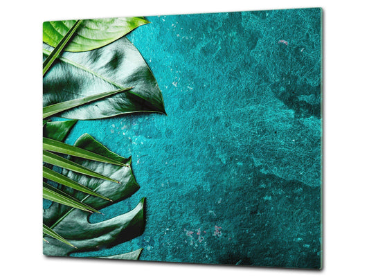 Induction Cooktop Cover Kitchen Board – Impact Resistant Glass Pastry Board – Heat resistant; MEASURES: SINGLE: 60 x 52 cm (23,62” x 20,47”); DOUBLE: 30 x 52 cm (11,81” x 20,47”); D31 Tropical Leaves Series: Tropical leaves background