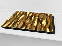 Tempered GLASS Cutting Board – Worktop saver and Pastry Board – Glass Kitchen Board; MEASURES: SINGLE: 60 x 52 cm (23,62” x 20,47”); DOUBLE: 30 x 52 cm (11,81” x 20,47”); D28 Golden Waves Series: Liquid gold 1