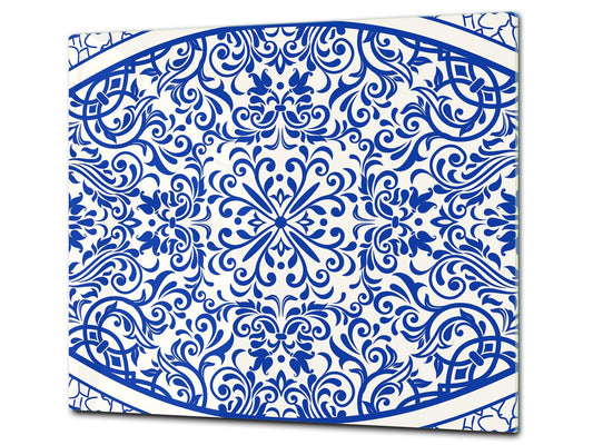 Tempered GLASS Kitchen Board – Impact & Scratch Resistant D27 Vintage leaves and patterns Series: Blue Spanish mosaic