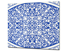 Tempered GLASS Kitchen Board – Impact & Scratch Resistant D27 Vintage leaves and patterns Series: Blue Spanish mosaic