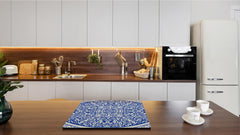 Tempered GLASS Kitchen Board – Impact & Scratch Resistant D27 Vintage leaves and patterns Series: Blue Spanish mosaic