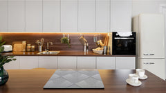 TEMPERED GLASS CHOPPING BOARD – Glass Cutting Board and Worktop Saver – Worktop protector; MEASURES: SINGLE: 60 x 52 cm (23,62” x 20,47”); DOUBLE: 30 x 52 cm (11,81” x 20,47”); D30 Decorative Surfaces Series: Metal tiles