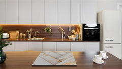 TEMPERED GLASS CHOPPING BOARD – Glass Cutting Board and Worktop Saver – Worktop protector; MEASURES: SINGLE: 60 x 52 cm (23,62” x 20,47”); DOUBLE: 30 x 52 cm (11,81” x 20,47”); D30 Decorative Surfaces Series: Luxury white panels