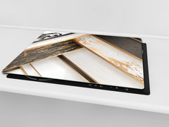TEMPERED GLASS CHOPPING BOARD – Glass Cutting Board and Worktop Saver – Worktop protector; MEASURES: SINGLE: 60 x 52 cm (23,62” x 20,47”); DOUBLE: 30 x 52 cm (11,81” x 20,47”); D30 Decorative Surfaces Series: Black and white interwoven with gold 1