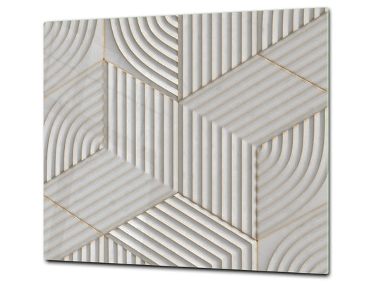 TEMPERED GLASS CHOPPING BOARD – Glass Cutting Board and Worktop Saver – Worktop protector; MEASURES: SINGLE: 60 x 52 cm (23,62” x 20,47”); DOUBLE: 30 x 52 cm (11,81” x 20,47”); D30 Decorative Surfaces Series: White hexagons