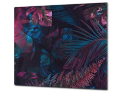 Induction Cooktop Cover Kitchen Board – Impact Resistant Glass Pastry Board – Heat resistant; MEASURES: SINGLE: 60 x 52 cm (23,62” x 20,47”); DOUBLE: 30 x 52 cm (11,81” x 20,47”); D31 Tropical Leaves Series: Fluorescent jungle