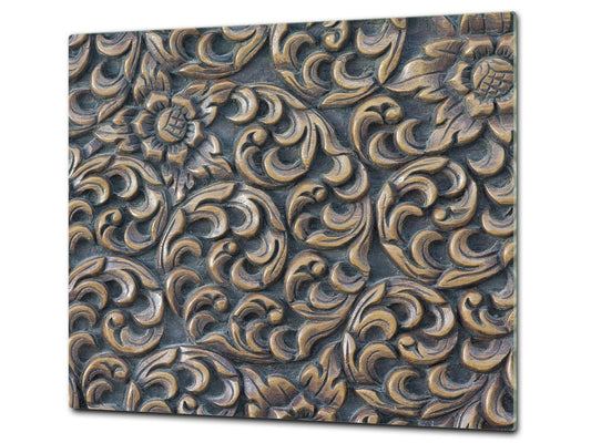 TEMPERED GLASS CHOPPING BOARD – Glass Cutting Board and Worktop Saver – Worktop protector; MEASURES: SINGLE: 60 x 52 cm (23,62” x 20,47”); DOUBLE: 30 x 52 cm (11,81” x 20,47”); D30 Decorative Surfaces Series: Wooden flowers