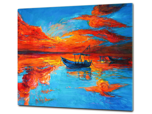 Induction Cooktop Cover –Shatter Resistant Glass Kitchen Board – Hob cover; MEASURES: SINGLE: 60 x 52 cm (23,62” x 20,47”); DOUBLE: 30 x 52 cm (11,81” x 20,47”); D32 Paintings Series: Fishing boats and sea