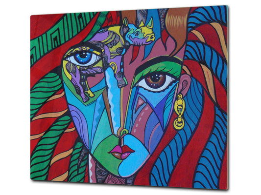 Induction Cooktop Cover –Shatter Resistant Glass Kitchen Board – Hob cover; MEASURES: SINGLE: 60 x 52 cm (23,62” x 20,47”); DOUBLE: 30 x 52 cm (11,81” x 20,47”); D32 Paintings Series: Cubism illustration of an elegant woman