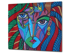 Induction Cooktop Cover –Shatter Resistant Glass Kitchen Board – Hob cover; MEASURES: SINGLE: 60 x 52 cm (23,62” x 20,47”); DOUBLE: 30 x 52 cm (11,81” x 20,47”); D32 Paintings Series: Cubism illustration of an elegant woman