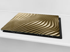 Tempered GLASS Cutting Board – Worktop saver and Pastry Board – Glass Kitchen Board; MEASURES: SINGLE: 60 x 52 cm (23,62” x 20,47”); DOUBLE: 30 x 52 cm (11,81” x 20,47”); D28 Golden Waves Series: Golden metal strips