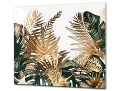 Induction Cooktop Cover Kitchen Board – Impact Resistant Glass Pastry Board – Heat resistant; MEASURES: SINGLE: 60 x 52 cm (23,62” x 20,47”); DOUBLE: 30 x 52 cm (11,81” x 20,47”); D31 Tropical Leaves Series: Tropical pattern