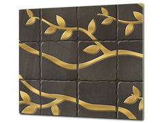 KITCHEN BOARD & Induction Cooktop Cover – Glass Pastry Board D25 Textures and tiles 1 Series: Golden branches on a dark background