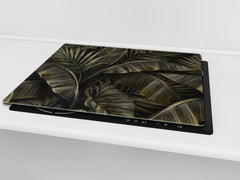 Induction Cooktop Cover Kitchen Board – Impact Resistant Glass Pastry Board – Heat resistant; MEASURES: SINGLE: 60 x 52 cm (23,62” x 20,47”); DOUBLE: 30 x 52 cm (11,81” x 20,47”); D31 Tropical Leaves Series: Exotic pattern 1