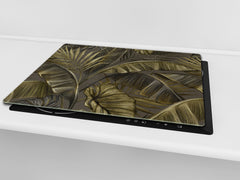 Induction Cooktop Cover Kitchen Board – Impact Resistant Glass Pastry Board – Heat resistant; MEASURES: SINGLE: 60 x 52 cm (23,62” x 20,47”); DOUBLE: 30 x 52 cm (11,81” x 20,47”); D31 Tropical Leaves Series: Dark banana leaves