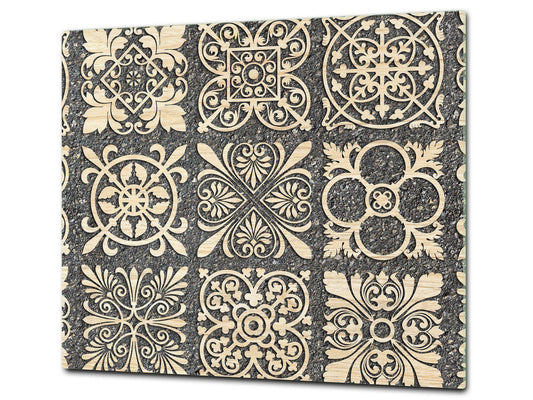Tempered GLASS Kitchen Board – Impact & Scratch Resistant D27 Vintage leaves and patterns Series: Sculpted mosaic pattern