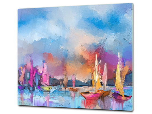 Induction Cooktop Cover –Shatter Resistant Glass Kitchen Board – Hob cover; MEASURES: SINGLE: 60 x 52 cm (23,62” x 20,47”); DOUBLE: 30 x 52 cm (11,81” x 20,47”); D32 Paintings Series: Impressionist seascape