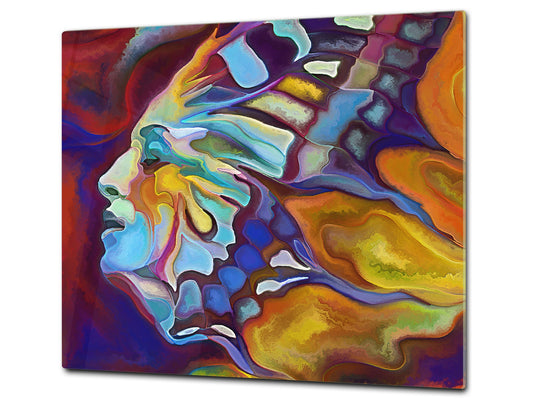 Induction Cooktop Cover –Shatter Resistant Glass Kitchen Board – Hob cover; MEASURES: SINGLE: 60 x 52 cm (23,62” x 20,47”); DOUBLE: 30 x 52 cm (11,81” x 20,47”); D32 Paintings Series: Abstract human portrait