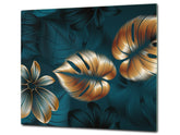 Induction Cooktop Cover Kitchen Board – Impact Resistant Glass Pastry Board – Heat resistant; MEASURES: SINGLE: 60 x 52 cm (23,62” x 20,47”); DOUBLE: 30 x 52 cm (11,81” x 20,47”); D31 Tropical Leaves Series: Shining luxury leaves