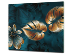 Induction Cooktop Cover Kitchen Board – Impact Resistant Glass Pastry Board – Heat resistant; MEASURES: SINGLE: 60 x 52 cm (23,62” x 20,47”); DOUBLE: 30 x 52 cm (11,81” x 20,47”); D31 Tropical Leaves Series: Shining luxury leaves