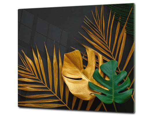 Induction Cooktop Cover Kitchen Board – Impact Resistant Glass Pastry Board – Heat resistant; MEASURES: SINGLE: 60 x 52 cm (23,62” x 20,47”); DOUBLE: 30 x 52 cm (11,81” x 20,47”); D31 Tropical Leaves Series: Painted gold leaves