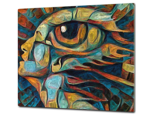 Induction Cooktop Cover –Shatter Resistant Glass Kitchen Board – Hob cover; MEASURES: SINGLE: 60 x 52 cm (23,62” x 20,47”); DOUBLE: 30 x 52 cm (11,81” x 20,47”); D32 Paintings Series: Inner eye