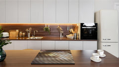 Tempered GLASS Cutting Board – Worktop saver and Pastry Board –- Glass Kitchen Board; MEASURES: SINGLE: 60 x 52 cm (23,62” x 20,47”); DOUBLE: 30 x 52 cm (11,81” x 20,47”); D28 Golden Waves Series: Elegant golden background