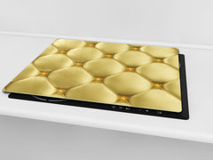 TEMPERED GLASS CHOPPING BOARD – Glass Cutting Board and Worktop Saver – Worktop protector; MEASURES: SINGLE: 60 x 52 cm (23,62” x 20,47”); DOUBLE: 30 x 52 cm (11,81” x 20,47”); D30 Decorative Surfaces Series: Golden leather upholstery 1