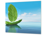 CUTTING BOARD and Cooktop Cover - Impact & Shatter Resistant Glass D02 Water Series: Leaves 10