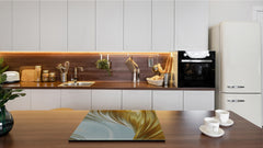 Tempered GLASS Cutting Board – Worktop saver and Pastry Board –- Glass Kitchen Board; MEASURES: SINGLE: 60 x 52 cm (23,62” x 20,47”); DOUBLE: 30 x 52 cm (11,81” x 20,47”); D28 Golden Waves Series: Gold satin background