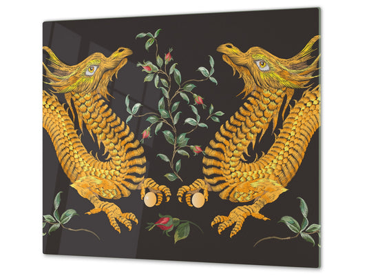Cubre vitrocerámica y tabla de cortar de cristal templado – Superficie de vidrio templado resistente D13 Serie Dibujos: Dragones amarillos
