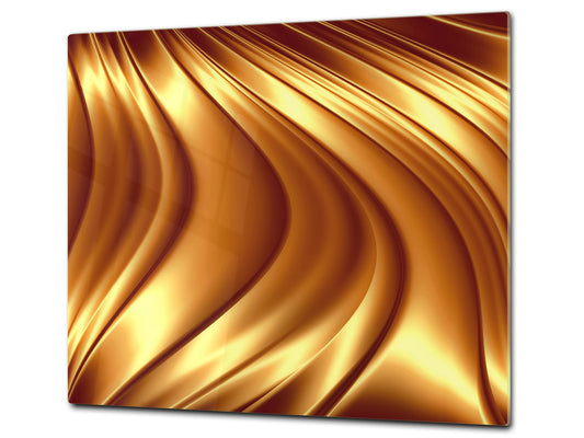Tempered GLASS Cutting Board – Worktop saver and Pastry Board – Glass Kitchen Board; MEASURES: SINGLE: 60 x 52 cm (23,62” x 20,47”); DOUBLE: 30 x 52 cm (11,81” x 20,47”); D28 Golden Waves Series: Liquid gold 2