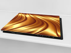 Tempered GLASS Cutting Board – Worktop saver and Pastry Board – Glass Kitchen Board; MEASURES: SINGLE: 60 x 52 cm (23,62” x 20,47”); DOUBLE: 30 x 52 cm (11,81” x 20,47”); D28 Golden Waves Series: Liquid gold 2
