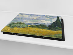Induction Cooktop Cover –Shatter Resistant Glass Kitchen Board – Hob cover; MEASURES: SINGLE: 60 x 52 cm (23,62” x 20,47”); DOUBLE: 30 x 52 cm (11,81” x 20,47”); D32 Paintings Series: Wheat Field with Cypresses by Van Gogh