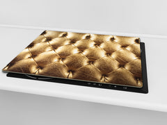 TEMPERED GLASS CHOPPING BOARD – Glass Cutting Board and Worktop Saver – Worktop protector; MEASURES: SINGLE: 60 x 52 cm (23,62” x 20,47”); DOUBLE: 30 x 52 cm (11,81” x 20,47”); D30 Decorative Surfaces Series: Golden leather upholstery 2