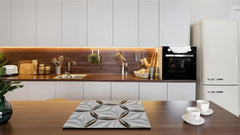 TEMPERED GLASS CHOPPING BOARD – Glass Cutting Board and Worktop Saver – Worktop protector; MEASURES: SINGLE: 60 x 52 cm (23,62” x 20,47”); DOUBLE: 30 x 52 cm (11,81” x 20,47”); D30 Decorative Surfaces Series: Golden-white tiles