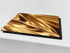 Tempered GLASS Cutting Board – Worktop saver and Pastry Board –- Glass Kitchen Board; MEASURES: SINGLE: 60 x 52 cm (23,62” x 20,47”); DOUBLE: 30 x 52 cm (11,81” x 20,47”); D28 Golden Waves Series: Golden fabric texture