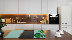 Induction Cooktop Cover Kitchen Board – Impact Resistant Glass Pastry Board – Heat resistant; MEASURES: SINGLE: 60 x 52 cm (23,62” x 20,47”); DOUBLE: 30 x 52 cm (11,81” x 20,47”); D31 Tropical Leaves Series: Monstera summer leaves